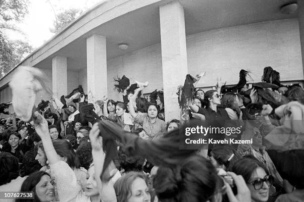 Group of women protest against wearing Islamic Veil, while spinning their veils in the air, outside prime minister's offices, 6th July 1980, Tehran,...