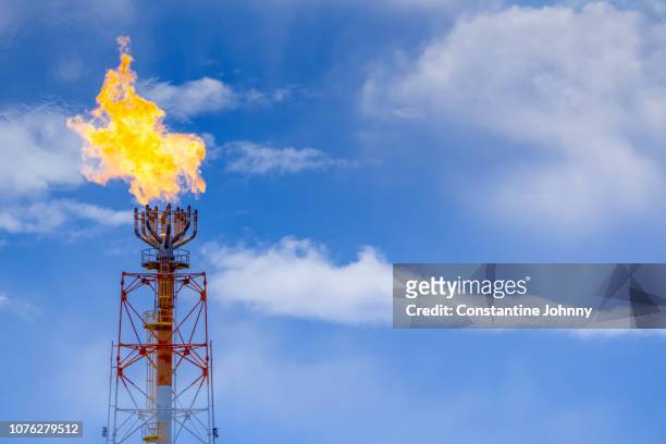 gas flare from a petroleum refinery against blue sky - 燃焼煙突 ストックフォトと画像