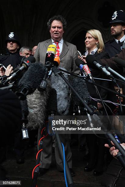 Mark Stephens, a lawyer for Wikileaks founder Julian Assange, talks to reporters at The High Court on December 16, 2010 in London, England. Mr...