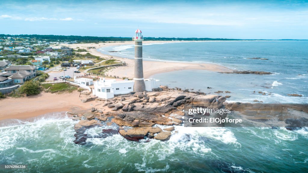 View of lighthouse in La Paloma city, drone point of view, Rocha department, Uruguay