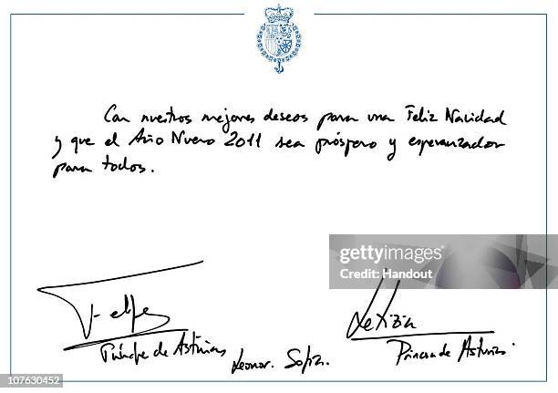 In this undated handout photo provided on December 16, 2010 by the Spanish Royal House, the reverse of the Christmas card sent by Prince Felipe and...