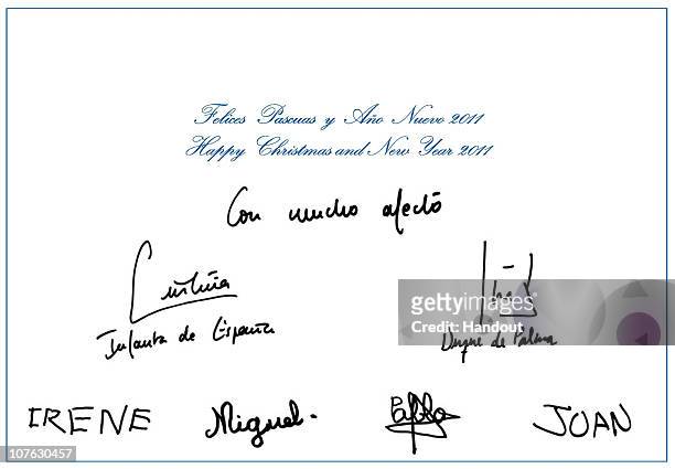 In this undated handout photo provided on December 16, 2010 by the Spanish Royal House, the reverse of the card sent by Princess Cristina and Inaki...