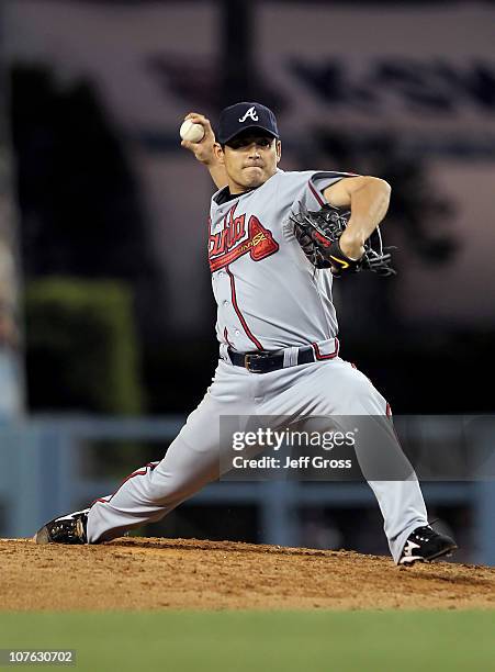 Kenshin Kawakami of the Atlanta Braves pitches against the Los Angeles Dodgers at Dodger Stadium on June 4, 2010 in Los Angeles, California.