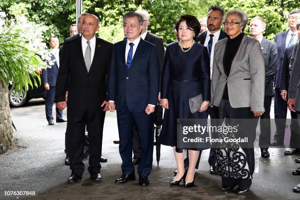 President of the Republic of Korea Moon Jae-in and his wife Kim Jung-sook are welcomed with a traditional Maori powhiri at Government House on...