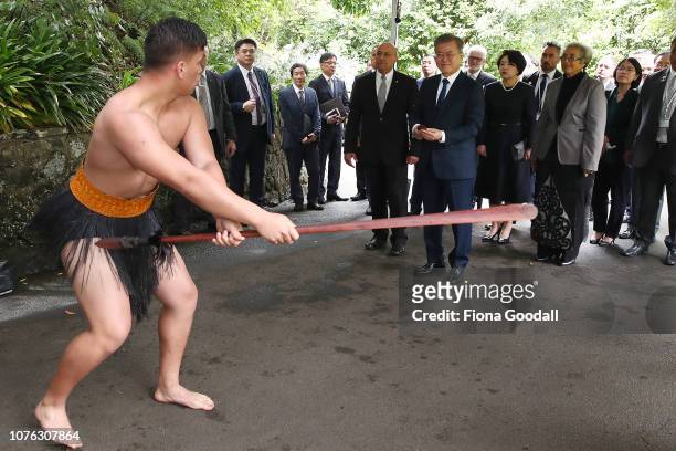 President of the Republic of Korea Moon Jae-in and his wife Kim Jung-sook are welcomed with a traditional Maori powhiri at Government House on...