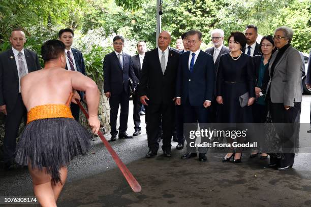 President of the Republic of Korea Moon Jae-in and his wife Kim Jung-sook are welcomed with a traditional Maori powhiri at Government House on...