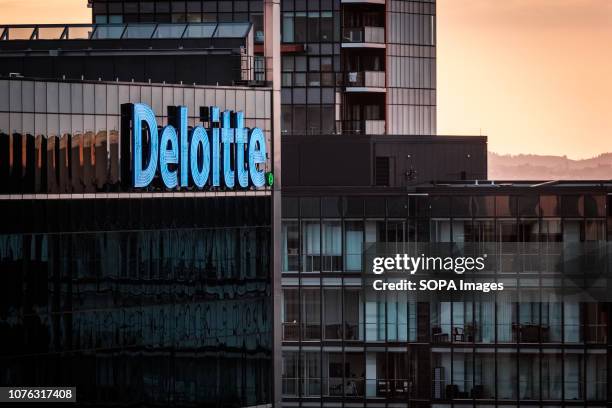 Logo of accounting organization Deloitte seen in Auckland, New Zealand.