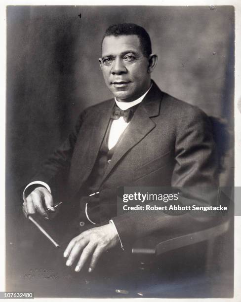 Studio portrait of American educator, economist and industrialist Booker T. Washington , founder of the Tuskegee Institute in Alabama, ca 1912.