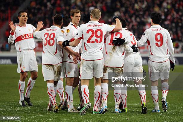 Timo Gebhart of Stuttgart celebrates his team's first goal with team mates during the UEFA Europa League group H match between VfB Stuttgart and...