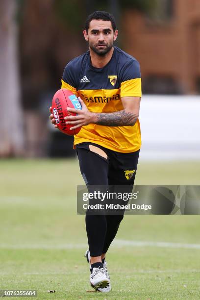 Shaun Burgoyne of the Hawks runs with the ball during a Hawthorn Hawks AFL training session at Xavier College on December 03, 2018 in Melbourne,...