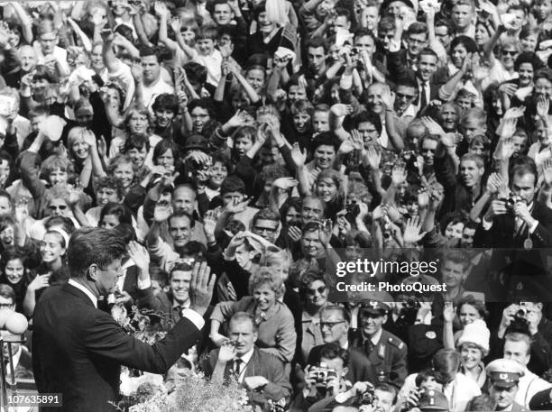 American President John F. Kennedy delivers a speech to a massive crowd Berlin, Germany, June 26, 1963.