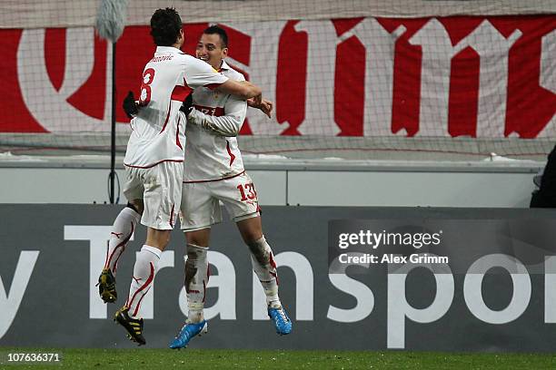 Timo Gebhart of Stuttgart celebrates his team's second goal with team mate Zdravko Kuzmanovic during the UEFA Europa League group H match between VfB...