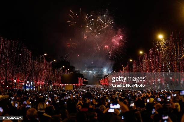 Fireworks explode over the Arc de Triomphe on the Champs-Elysees for New Year's celebrations in the French capital Paris on January 1, 2019. A...