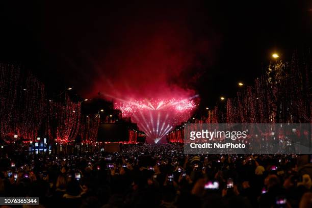 Fireworks explode over the Arc de Triomphe on the Champs-Elysees for New Year's celebrations in the French capital Paris on January 1, 2019. A...