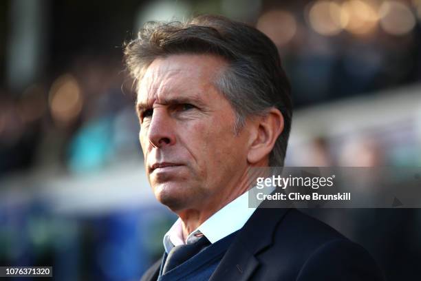 Claude Puel, Manager of Leicester City looks on during the Premier League match between Everton FC and Leicester City at Goodison Park on January 1,...