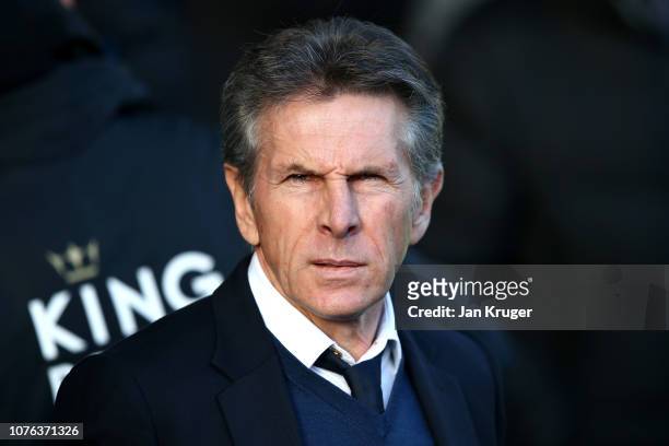 Claude Puel, Manager of Leicester City looks on during the Premier League match between Everton FC and Leicester City at Goodison Park on January 1,...