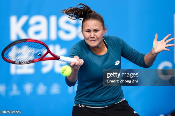 Evgeniya Rodina of Russia returns a shot against Alison Riske of the United States during Day 3 of the 2019 WTA Shenzhen Open at Shenzhen Longgang...