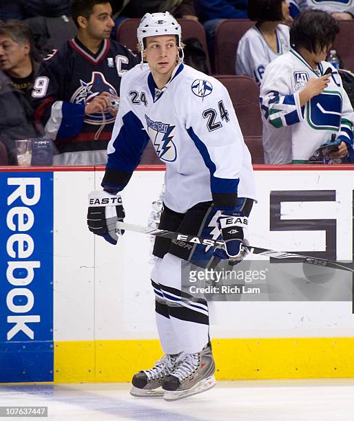 Johan Harju of the Tampa Bay Lightning skates during the pre-game warmup prior to NHL action on December 11, 2010 against the Vancouver Canucks at...