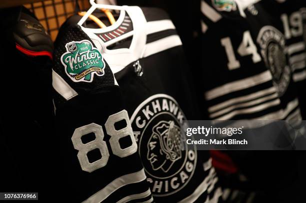 Detailed view of the jersey of Patrick Kane of the Chicago Blackhawks is seen in the locker room prior to the 2019 Bridgestone NHL Winter Classic...