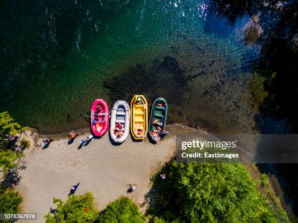 aerial view of river rafting on the bystraya river, kamchatka, russia - river rafting stock pictures, royalty-free photos & images