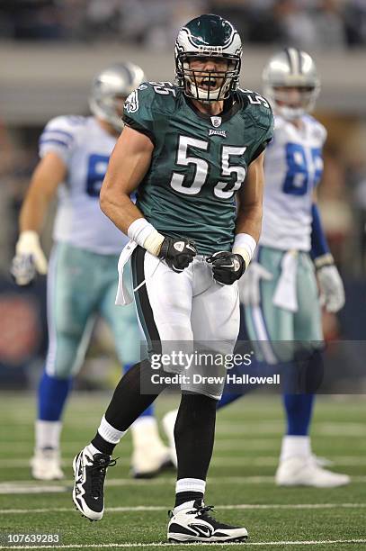 Linebacker Stewart Bradley of the Philadelphia Eagles celebrates during the game against the Dallas Cowboys at Cowboys Stadium on December 12, 2010...