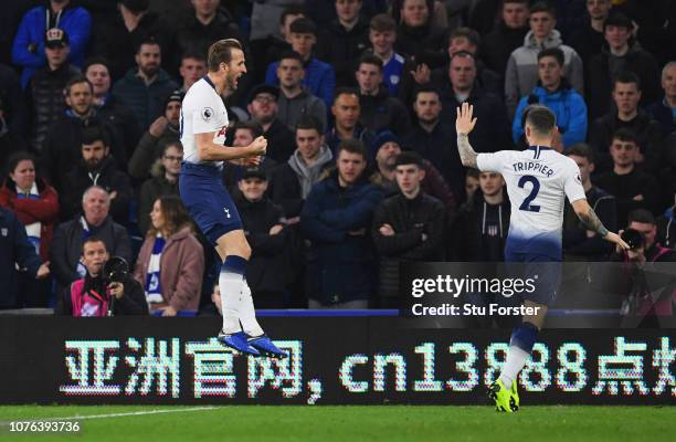 Harry Kane of Tottenham Hotspur celebrates as he scores his team's first goal with Kieran Trippier during the Premier League match between Cardiff...