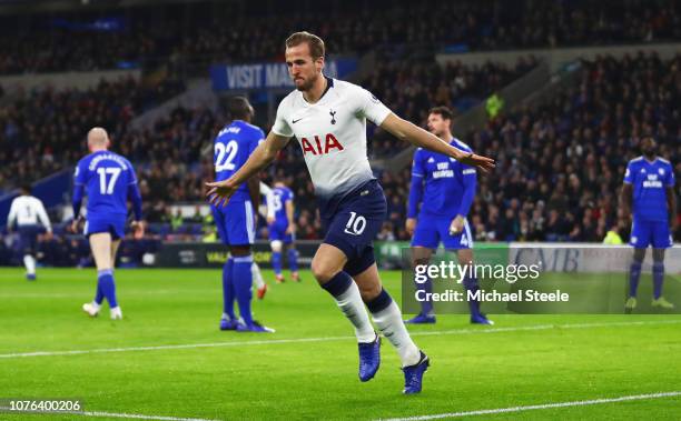 Harry Kane of Tottenham Hotspur celebrates as he scores his team's first goal during the Premier League match between Cardiff City and Tottenham...