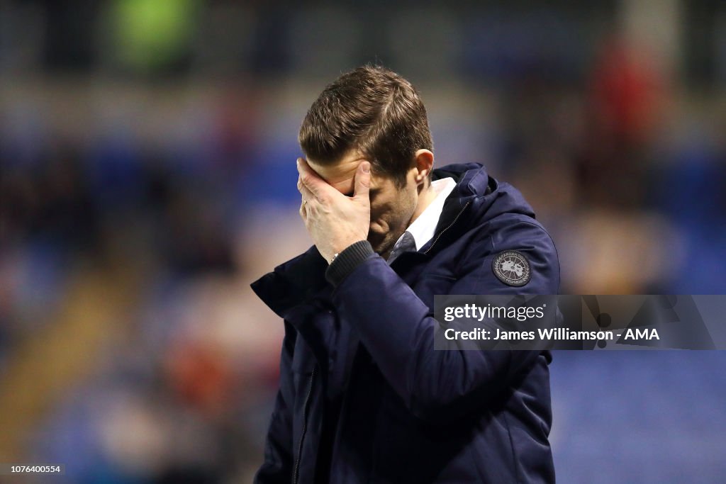Sam Rickets A dejected Shrewsbury Town Manager \ Head Coach Sam Ricketts during ...