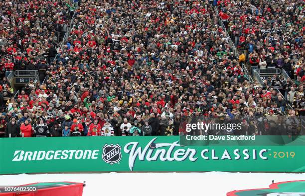 The crowd is seen during the 2019 Bridgestone NHL Winter Classic game between the Chicago Blackhawks and the Boston Bruins at Notre Dame Stadium on...