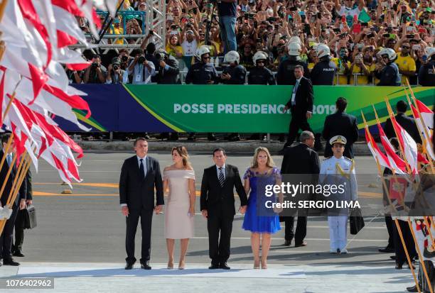 Brazil's new president Jair Bolsonaro, his wife Michelle Bolsonaro, Brazil's new Vice-President Hamilton Mourao and his wife Paula Mourao arrive at...