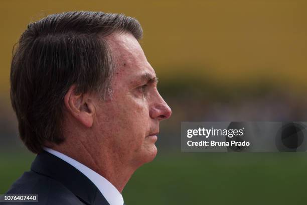 January 01: Newly sworn-in President of Brazil Jair Bolsonaro cries after the Presidential Inauguration Ceremony at National Congress on January 1,...