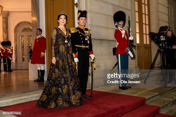 Crown Princess Mary and Crown Prince Frederik arrive at the Traditional New Year's Banquet hosted by the Danish Queen at Christian VII's Palace,...