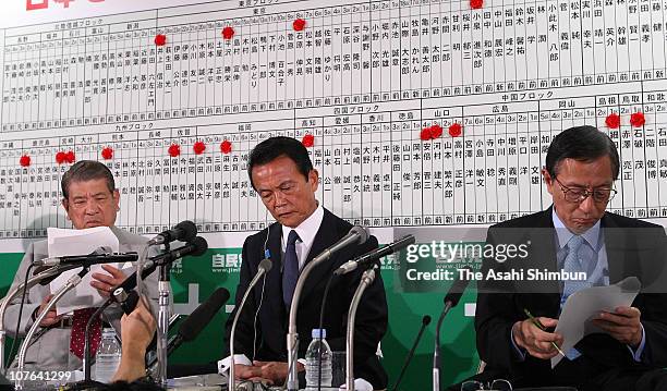 Liberal Democratic Party General Council chairman Takashi Sasagawa, President and Japanese Prime Minister Taro Aso and Secretary-General Hiroyuki...