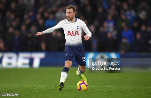 Christian Eriksen of Spurs in action during the Premier League match between Cardiff City and Tottenham Hotspur at Cardiff City Stadium on January 1,...