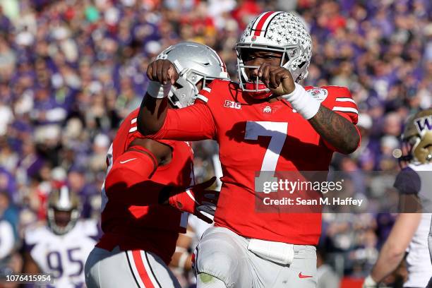 Dwayne Haskins of the Ohio State Buckeyes celebrates after a 12-yard touchdown during the first half in the Rose Bowl Game presented by Northwestern...