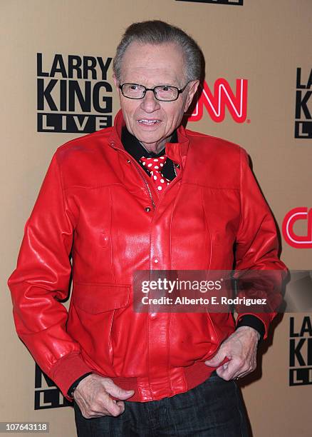 Host Larry King arrives at CNN's "Larry King Live" final broadcast party at Spago restaurant on December 16, 2010 in Beverly Hills, California.