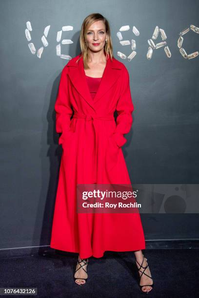 Uma Thurman attends the the Versace fall 2019 fashion show at the American Stock Exchange Building in lower Manhattan on December 02, 2018 in New...
