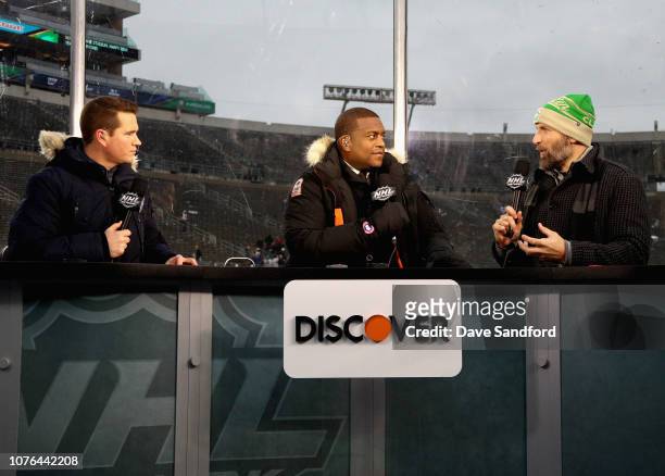Network host Jamison Coyle, analyst Kevin Weekes and Mike Rupp speak on camera during the the 2019 Bridgestone NHL Winter Classic at Notre Dame...