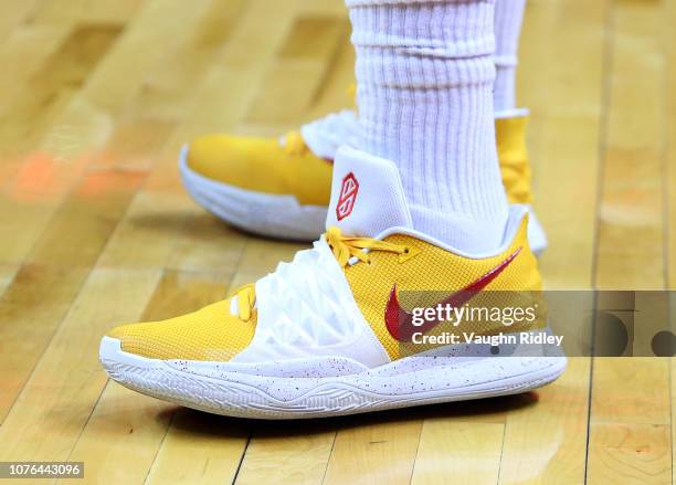 The shoes worn by C.J. Miles of the Toronto Raptors during warmup for an NBA game against the Utah Jazz at Scotiabank Arena on January 1, 2019 in...
