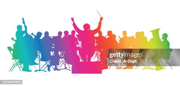 ilustraciones, imágenes clip art, dibujos animados e iconos de stock de arco iris sinfónica maestro de sonido - orquesta