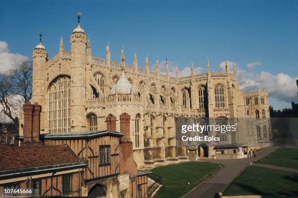 The exterior of St George's chapel, Windsor Castle, Berkshire, circa 1968. The chapel has been the site of many royal weddings.