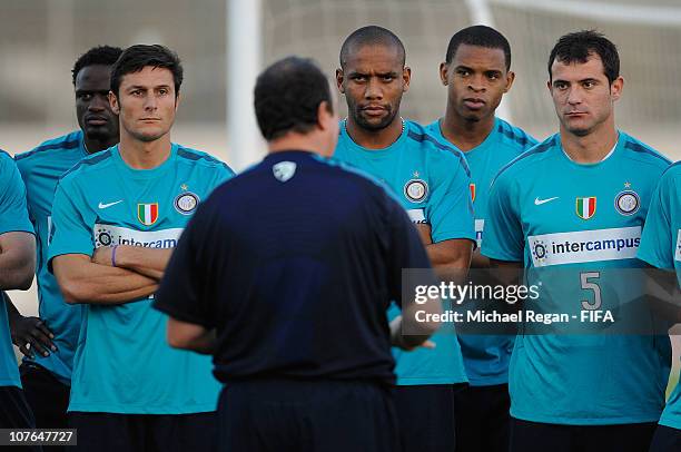 Javier Zanetti, Maicon, Obiora Nwankwo and Dejan Stankovic listen to Inter manager Rafael Benitez during the FC Internazionale Milano Training...