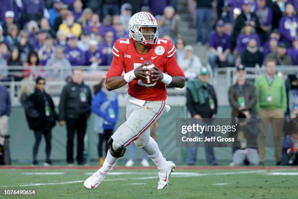 Dwayne Haskins of the Ohio State Buckeyes looks to pass during the second half in the Rose Bowl Game presented by Northwestern Mutual at the Rose...