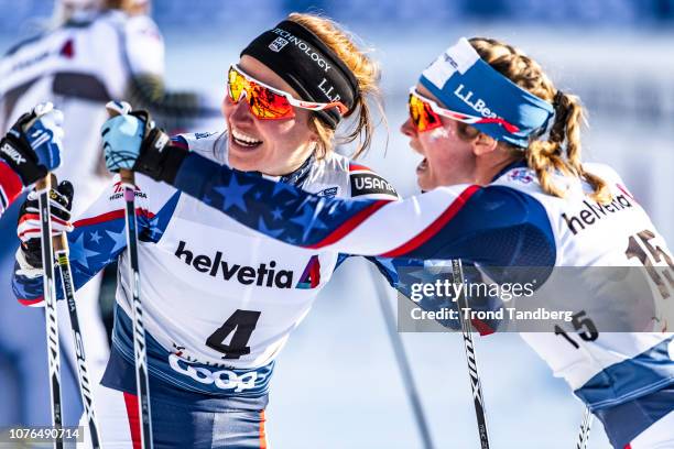 Jessica Diggins and Sophie Caldwell of USA after Tour de Ski Ladies 1,4 km Sprint Free on January 1, 2019 in Val Mustair, Switzerland.