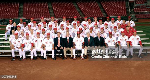 The 2010 Cincinnati Reds pose for their team photo at Great American Ballpark in Cincinnati, Ohio. ROW?ONE: Bench Coach Chris Speier, Hitting Coach...