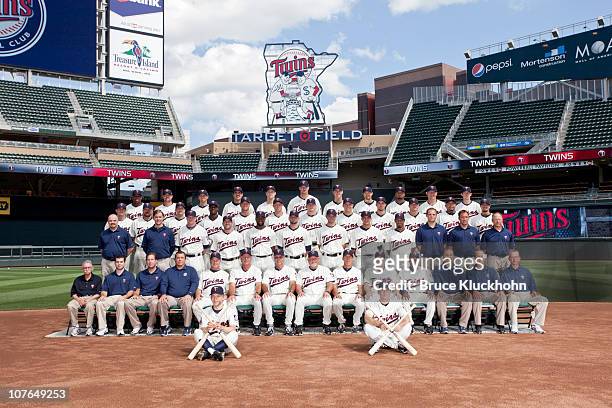 The 2010 Minnesota Twins pose for their team photo at Target Field in Minneapolis, MInnesota on August 14, 2010. Front Row: Batboys Ryan Henk, Adam...