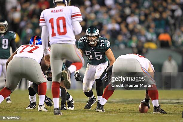 Linebacker Stewart Bradley of the Philadelphia Eagles in action during a game against the New York Giants at Lincoln Financial Field on November 21,...