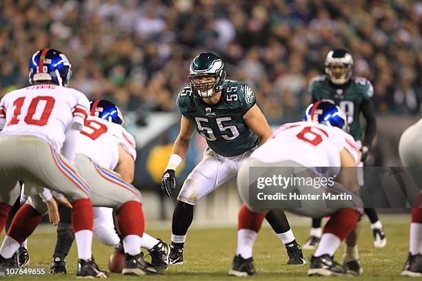 Linebacker Stewart Bradley of the Philadelphia Eagles in action during a game against the New York Giants at Lincoln Financial Field on November 21,...