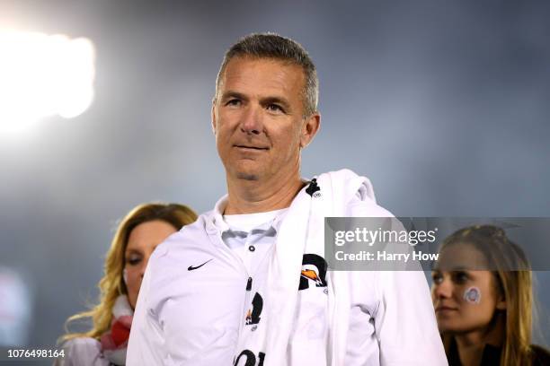 Ohio State Buckeyes head coach Urban Meyer celebrates winning the Rose Bowl Game presented by Northwestern Mutual at the Rose Bowl on January 1, 2019...