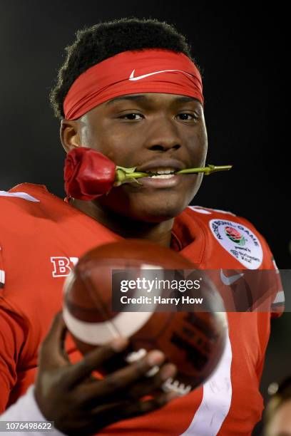 Dwayne Haskins of the Ohio State Buckeyes celebrates after winning the Rose Bowl Game presented by Northwestern Mutual at the Rose Bowl on January 1,...